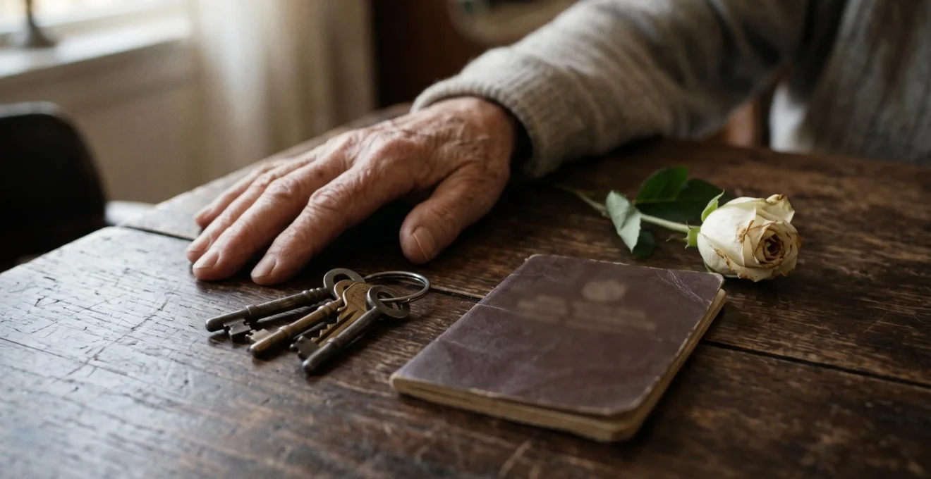 Mains posées sur un trousseau de clés anciennes et un livret de compte fermé, symbolisant l'accès aux comptes bancaires d'un défunt avant le règlement de la succession