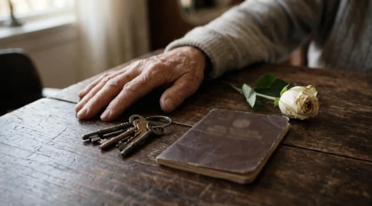 Mains posées sur un trousseau de clés anciennes et un livret de compte fermé, symbolisant l'accès aux comptes bancaires d'un défunt avant le règlement de la succession