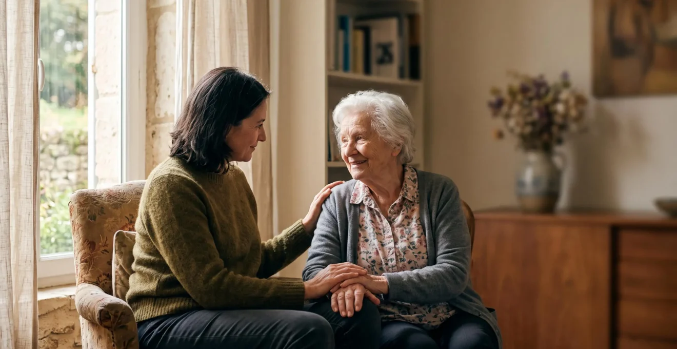 Adulte aidant tenant tendrement la main de son parent âgé dans un salon lumineux à domicile