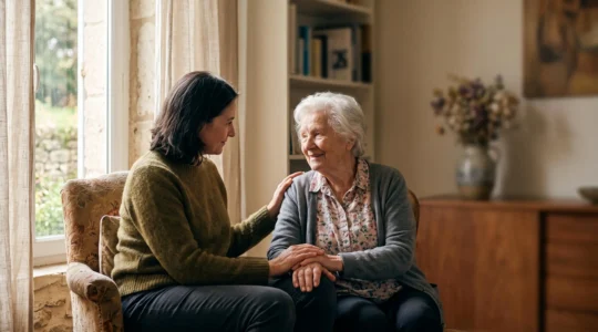 Adulte aidant tenant tendrement la main de son parent âgé dans un salon lumineux à domicile