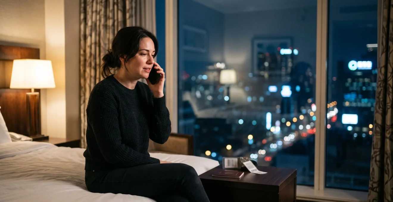 Personne seule dans une chambre d'hôtel la nuit, téléphone à l'oreille, contactant un conseiller d'assistance à 2 heures du matin depuis l'étranger