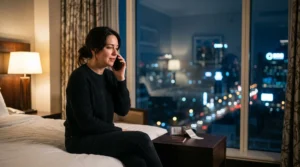Personne seule dans une chambre d'hôtel la nuit, téléphone à l'oreille, contactant un conseiller d'assistance à 2 heures du matin depuis l'étranger