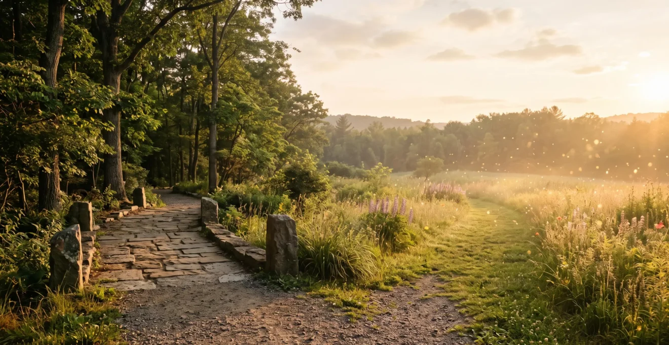 Illustration symbolique d'un chemin qui se divise entre un sentier de pierre et une clairière lumineuse, représentant le choix entre inhumation et crémation