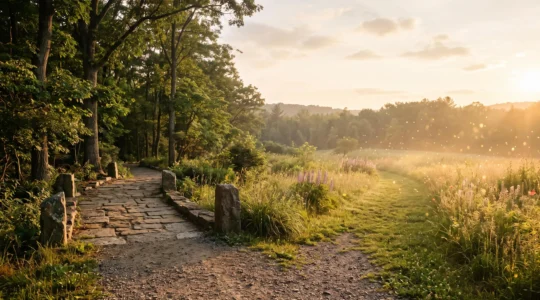Illustration symbolique d'un chemin qui se divise entre un sentier de pierre et une clairière lumineuse, représentant le choix entre inhumation et crémation