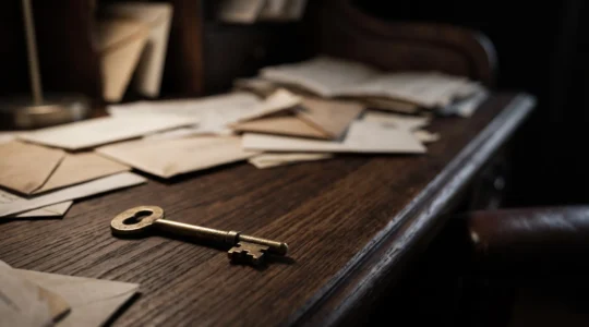 Une clé unique et lumineuse posée parmi des documents administratifs flous, symbolisant les démarches urgentes qui débloquent tout le reste