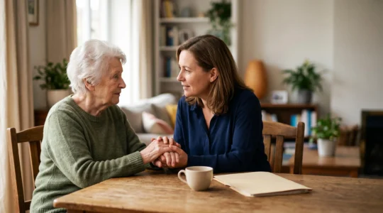 Personne senior sereine échangeant avec un proche autour d'un dossier de prévoyance obsèques dans un salon lumineux