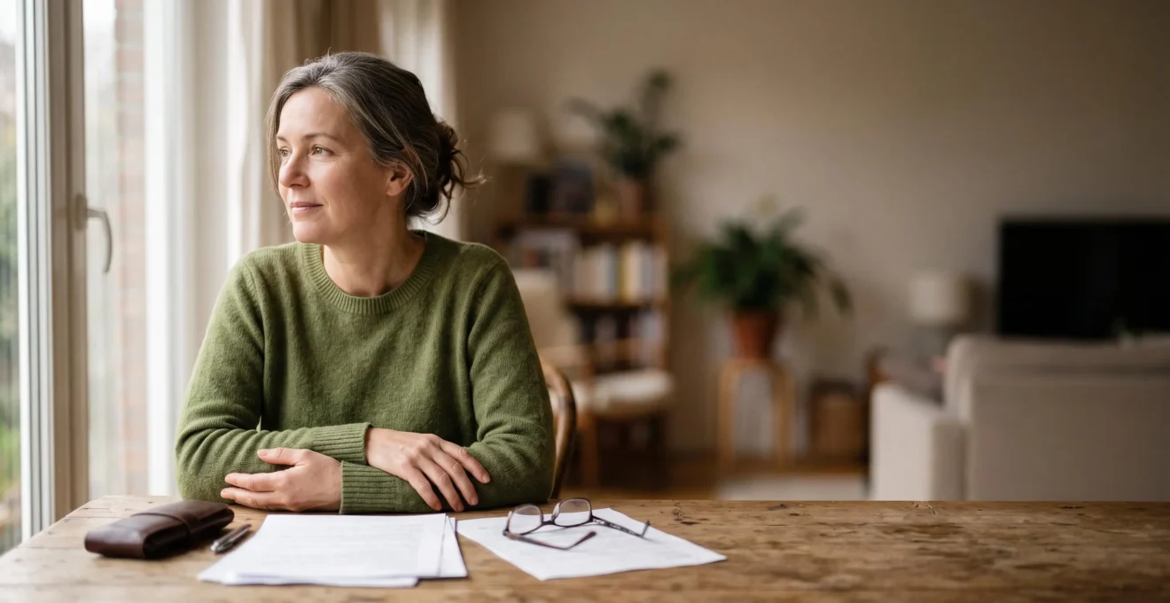 Une personne compare calmement plusieurs documents financiers flous sur une table en bois, symbolisant la comparaison de devis funéraires à l'avance