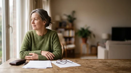 Une personne compare calmement plusieurs documents financiers flous sur une table en bois, symbolisant la comparaison de devis funéraires à l'avance