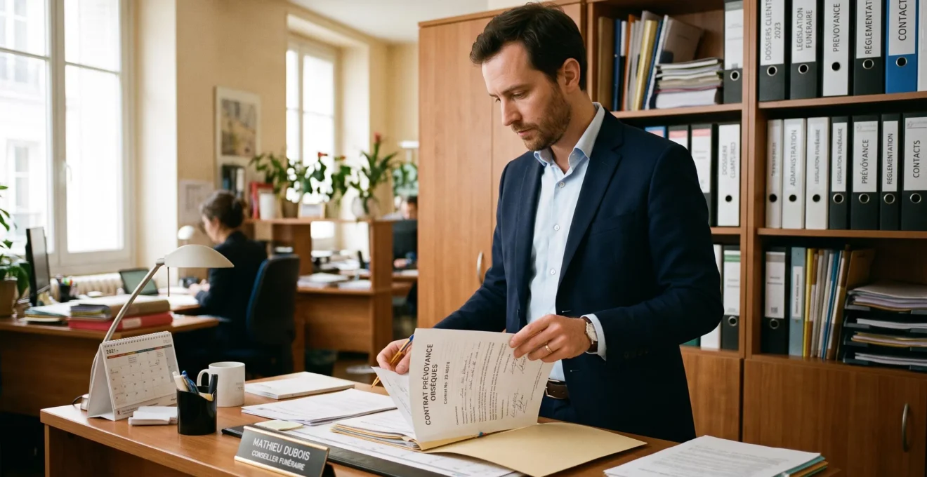 Funeral services counselor reviewing contract documentation at a workspace in a professional funeral home office