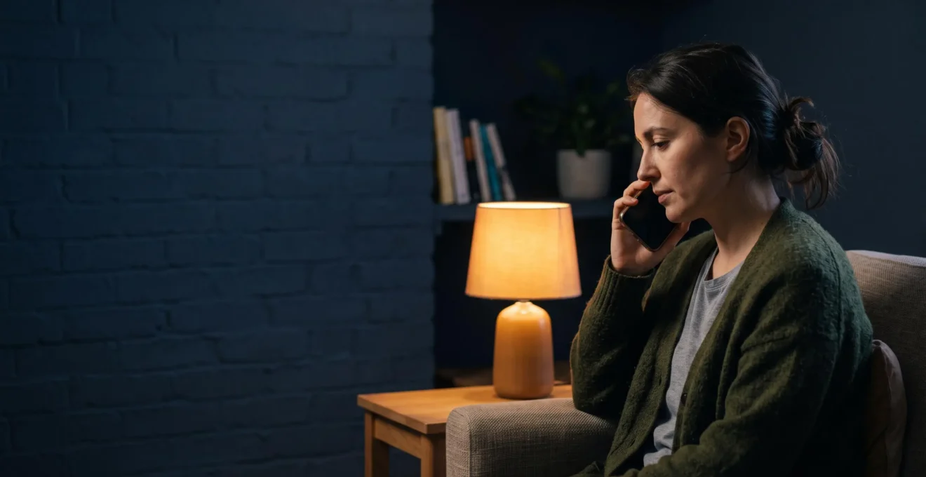 Personne au calme tenant un téléphone la nuit, symbolisant l'accès à une cellule d'écoute psychologique 24h/24 et 7j/7