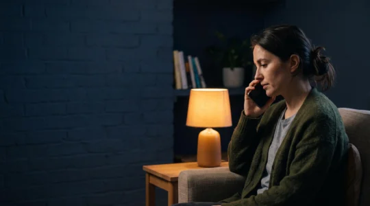 Personne au calme tenant un téléphone la nuit, symbolisant l'accès à une cellule d'écoute psychologique 24h/24 et 7j/7
