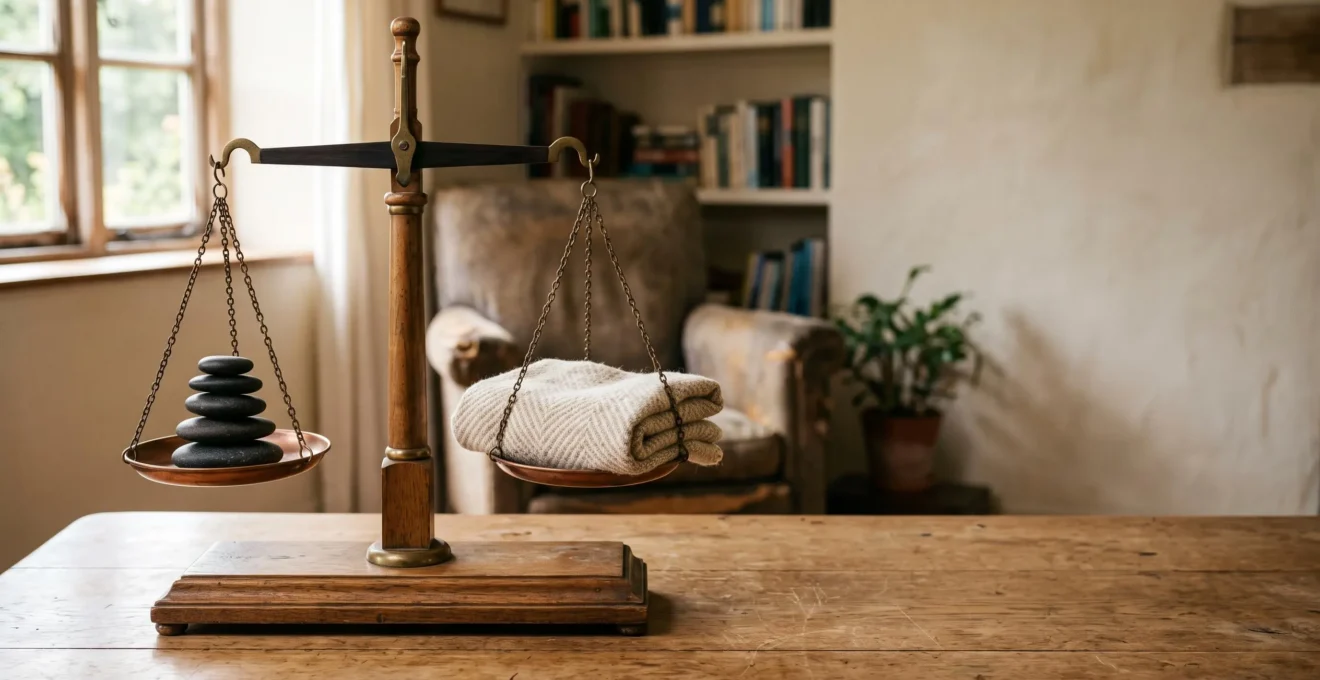 Une balance en bois ancienne parfaitement equilibree sur une table, symbolisant le juste dimensionnement d'une couverture prevoyance
