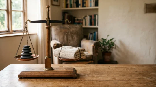 Une balance en bois ancienne parfaitement equilibree sur une table, symbolisant le juste dimensionnement d'une couverture prevoyance