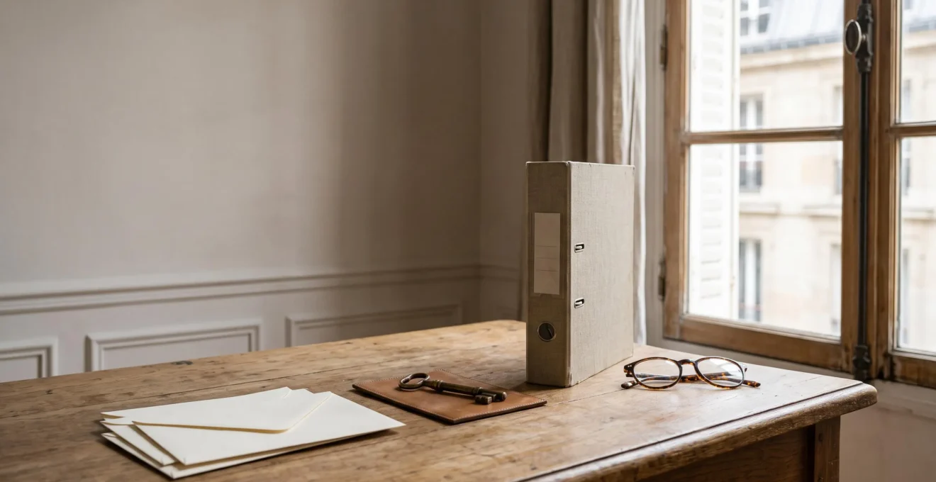 Composition symbolique représentant l'organisation méthodique des démarches administratives après un décès, avec des objets rangés en ordre sur un bureau en bois