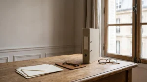 Composition symbolique représentant l'organisation méthodique des démarches administratives après un décès, avec des objets rangés en ordre sur un bureau en bois