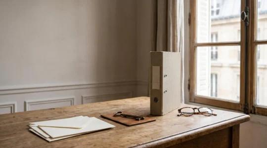 Composition symbolique représentant l'organisation méthodique des démarches administratives après un décès, avec des objets rangés en ordre sur un bureau en bois