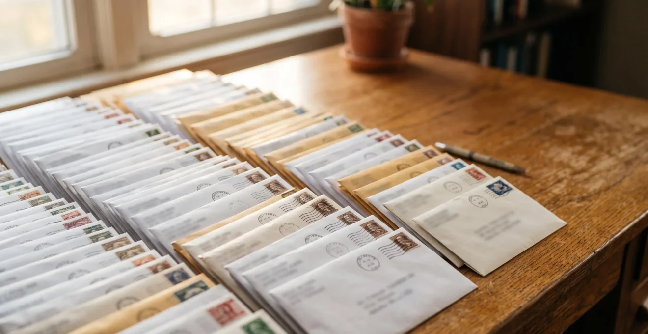 Pile organisée d'enveloppes et de courriers administratifs prêts à être envoyés après un décès