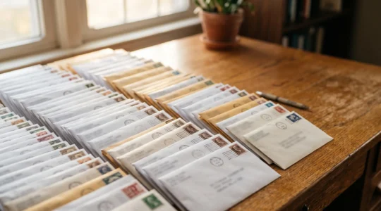 Pile organisée d'enveloppes et de courriers administratifs prêts à être envoyés après un décès