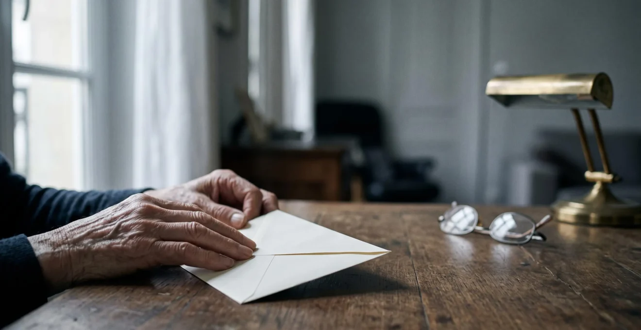 Mains âgées tenant une enveloppe scellée devant une fenêtre lumineuse, symbolisant la démarche de notification d'un décès aux caisses de retraite