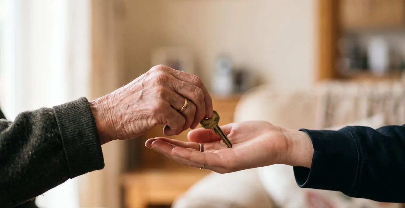 Mains d'une personne âgée transmettant symboliquement un objet précieux à la main d'un plus jeune, illustrant la préparation d'une succession