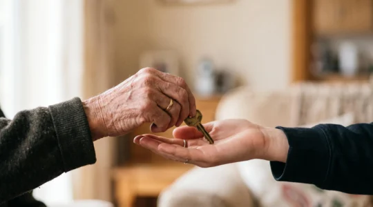Mains d'une personne âgée transmettant symboliquement un objet précieux à la main d'un plus jeune, illustrant la préparation d'une succession