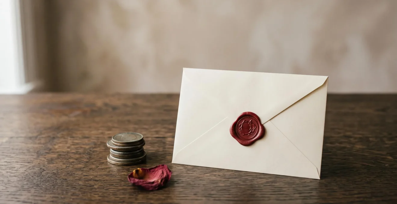 Enveloppe administrative fermée posée à côté d'une plume et de pièces de monnaie, symbolisant la clôture d'un contrat de mutuelle et le remboursement des cotisations