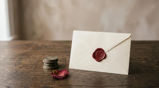 Enveloppe administrative fermée posée à côté d'une plume et de pièces de monnaie, symbolisant la clôture d'un contrat de mutuelle et le remboursement des cotisations
