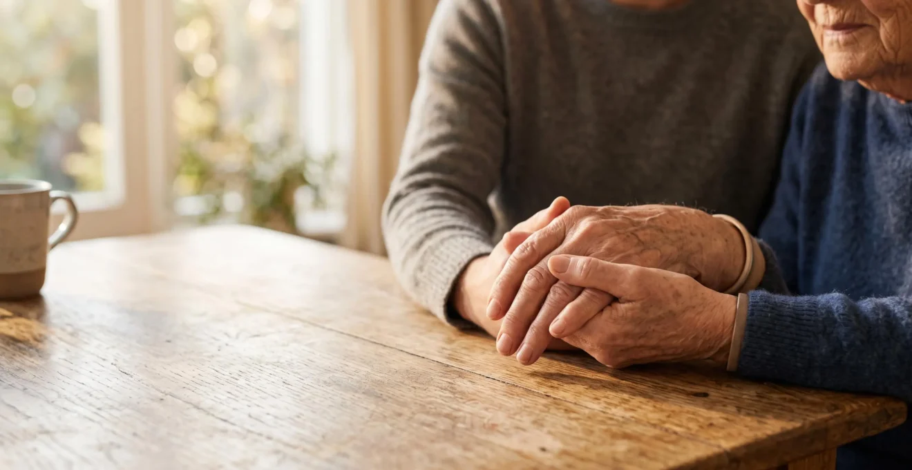 Mains d'une personne âgée sereine tenant celles d'un proche, symbolisant la préparation financière anticipée des obsèques sans dette
