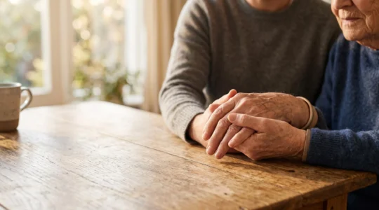Mains d'une personne âgée sereine tenant celles d'un proche, symbolisant la préparation financière anticipée des obsèques sans dette