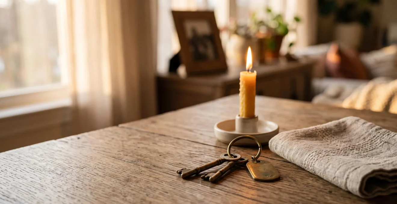 Table en bois baignée de lumière douce avec une bougie allumée, un trousseau de clés et un tissu plié, symbolisant la transmission sereine aux proches