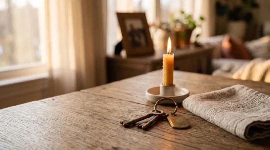 Table en bois baignée de lumière douce avec une bougie allumée, un trousseau de clés et un tissu plié, symbolisant la transmission sereine aux proches