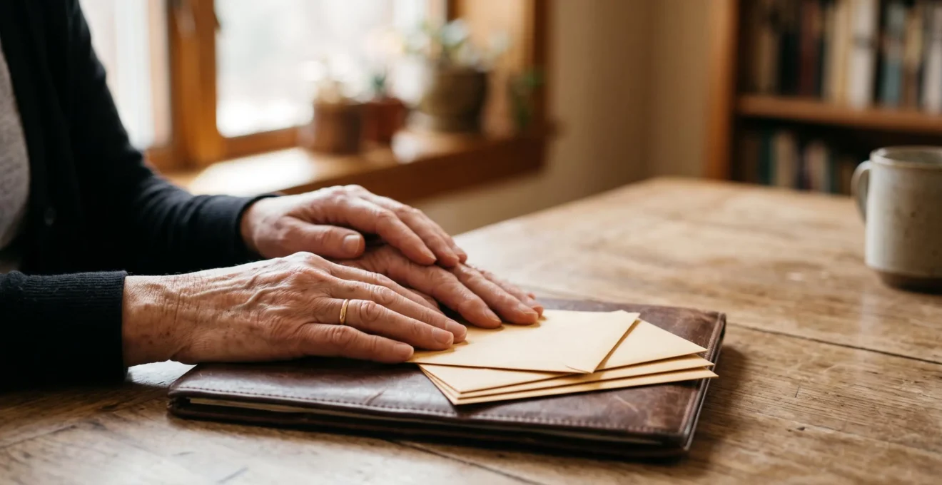 Mains posées avec douceur sur une pile de courriers fermés et un livret de famille, symbolisant le soutien administratif et humain après un décès