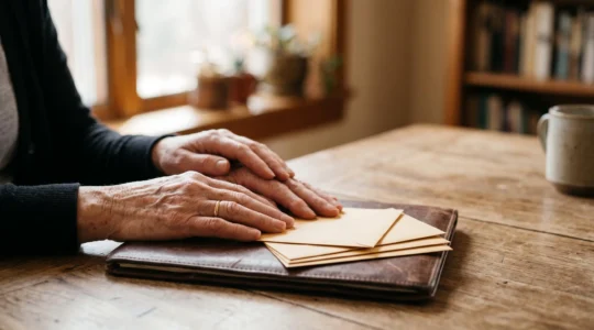 Mains posées avec douceur sur une pile de courriers fermés et un livret de famille, symbolisant le soutien administratif et humain après un décès