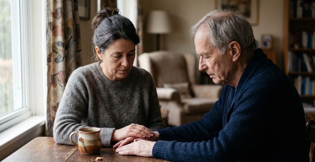 Personne réconfortée par un proche, lumière douce, symbolisant le soutien psychologique inclus dans un contrat de prévoyance