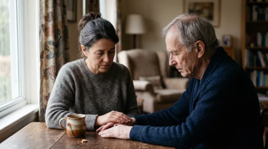 Personne réconfortée par un proche, lumière douce, symbolisant le soutien psychologique inclus dans un contrat de prévoyance
