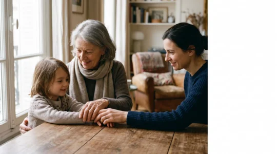 Mains de trois générations posées ensemble sur une table en bois, symbolisant la transmission sereine d'un patrimoine familial