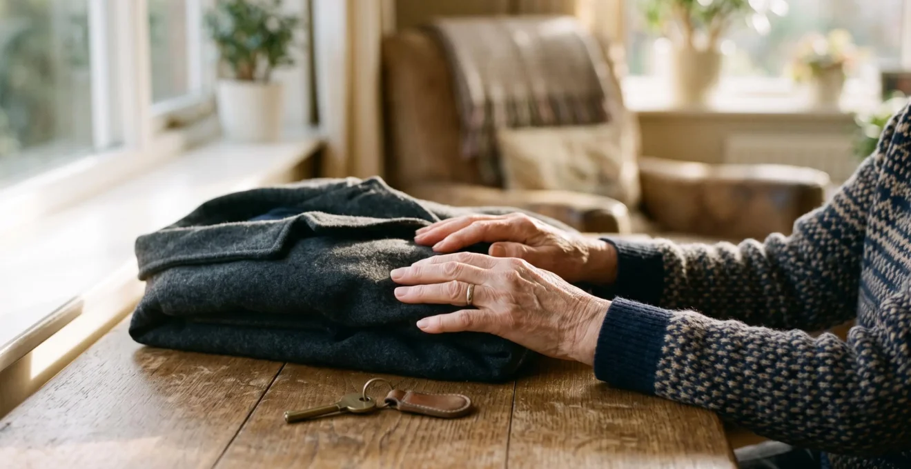 Mains d'une personne âgée posées sur un manteau plié et une clé de maison près d'une fenêtre baignée de lumière naturelle, symbolisant la transition administrative après un décès