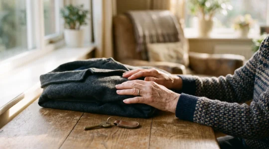 Mains d'une personne âgée posées sur un manteau plié et une clé de maison près d'une fenêtre baignée de lumière naturelle, symbolisant la transition administrative après un décès