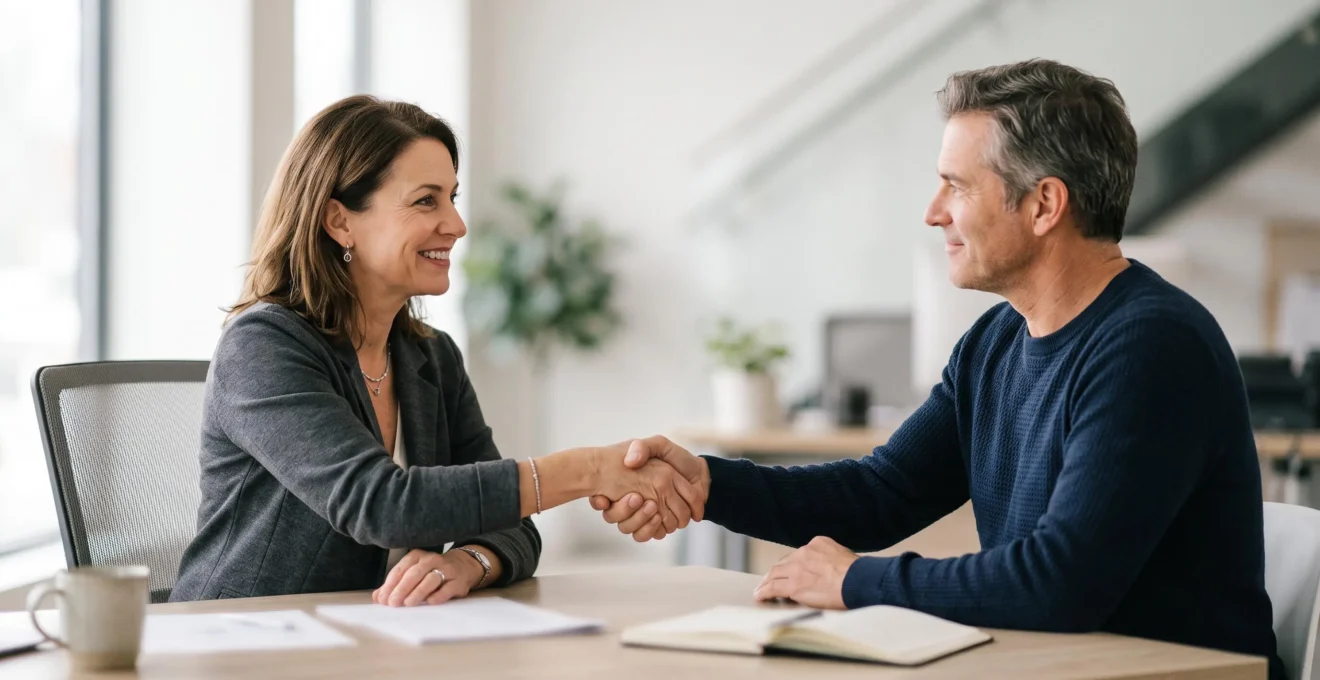 Client et conseiller en assurance se serrant la main lors d'un rendez-vous de confiance
