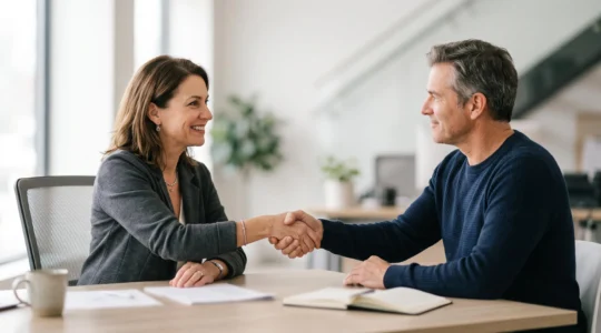 Client et conseiller en assurance se serrant la main lors d'un rendez-vous de confiance