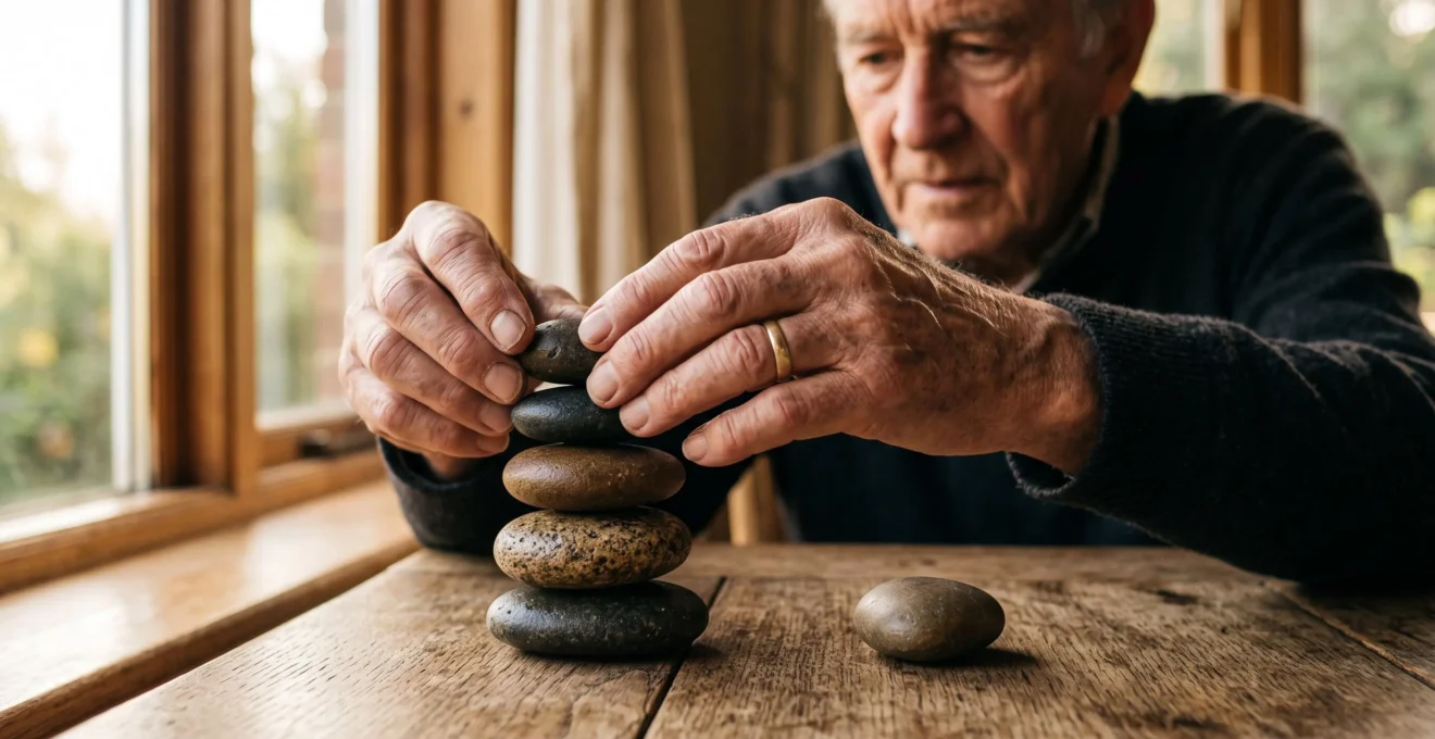 Deux mains posant délicatement une pierre ronde sur un empilement équilibré de pierres, symbolisant l'équilibre entre volontés funéraires et transmission de capital