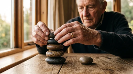 Deux mains posant délicatement une pierre ronde sur un empilement équilibré de pierres, symbolisant l'équilibre entre volontés funéraires et transmission de capital