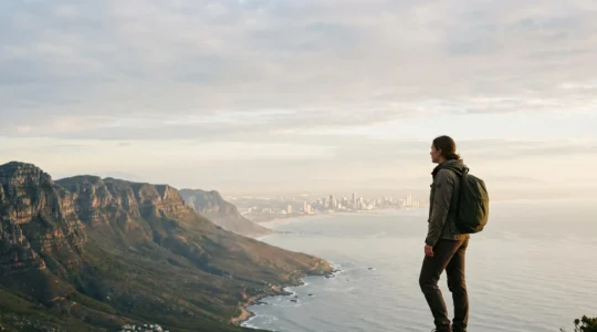 Voyageur contemplant un panorama mondial connecte, symbole d'une protection sans exclusion geographique
