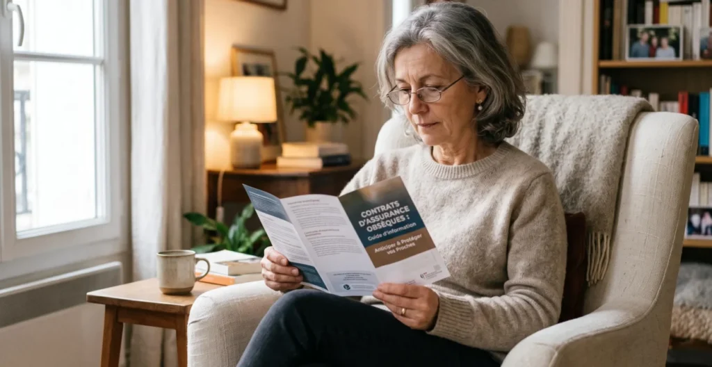 Woman in her 60s reading an informational brochure about funeral insurance contracts in a home setting Woman in her 60s reading an informational brochure about funeral insurance contracts in a home setting
